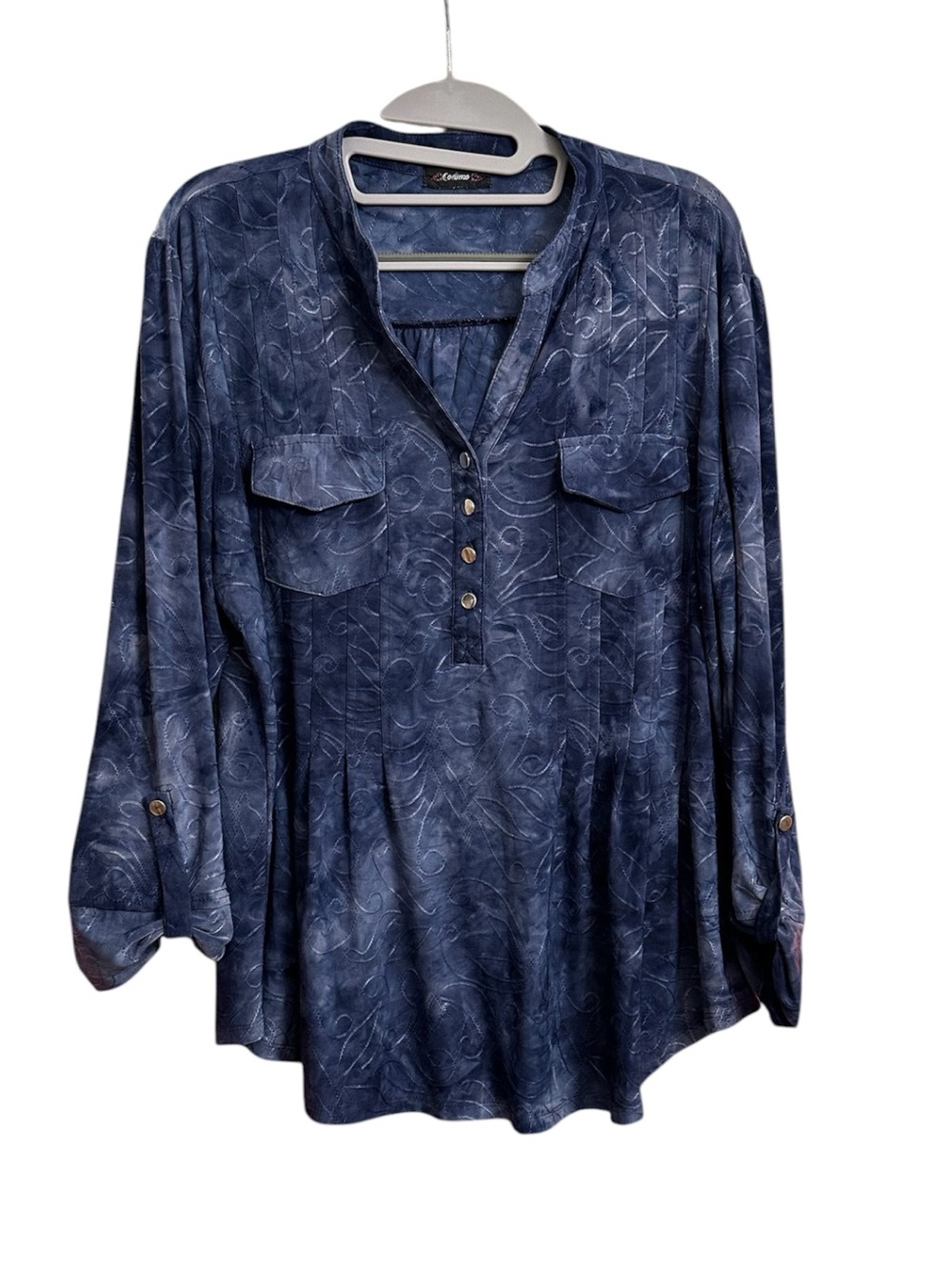 Cocomo Cloudy Navy Swirl Patterned V-Neck Button-Front Roll Tab Henley Top - Picture 3 of 8